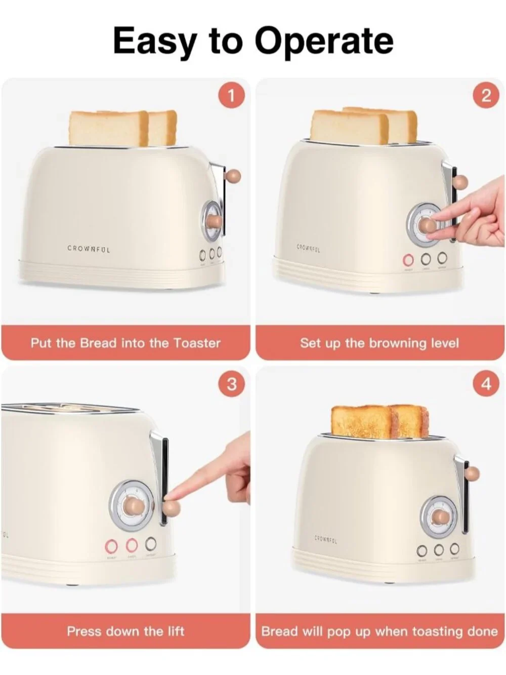 2-Slice Cream Retro Stainless Steel with Bagel Wide Slots Defrost Toaster